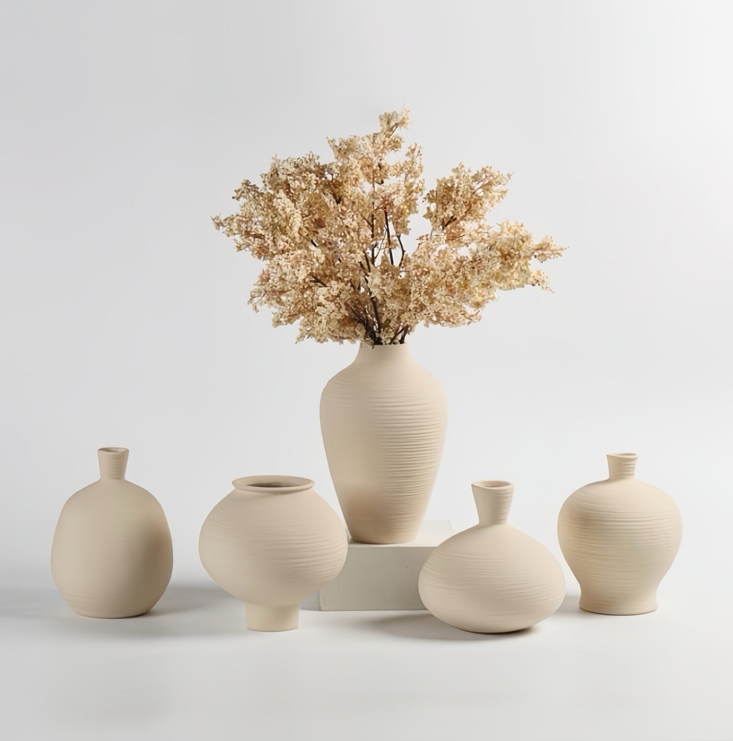 Sculptural Beige Ceramic Vase Set