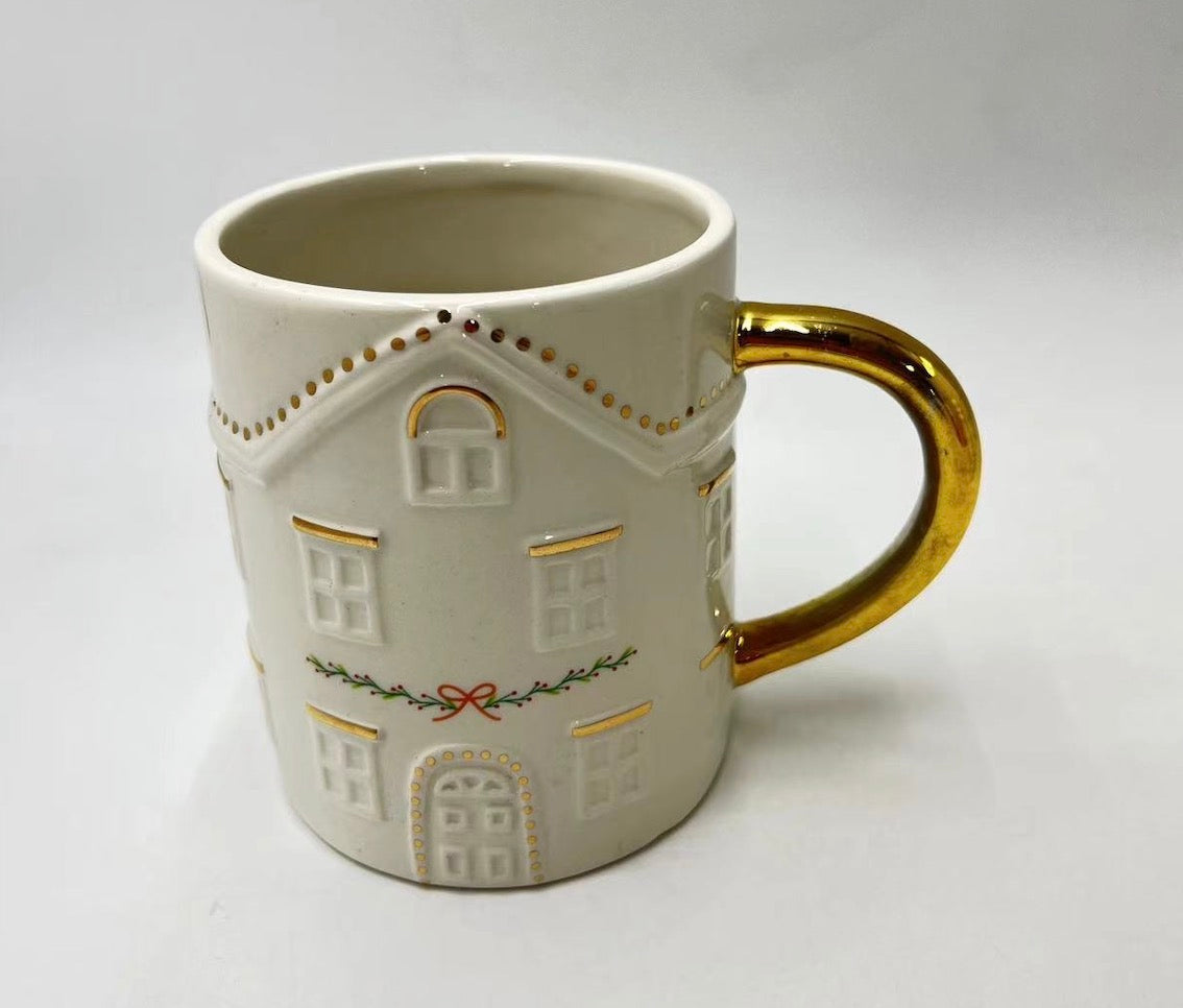 Holiday Village House Mug with Golden Handle