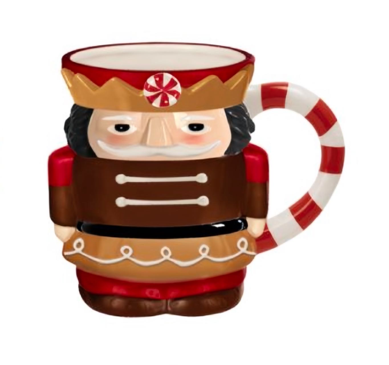 Regal Nutcracker Mug with Peppermint Crown and Candy Cane Handle