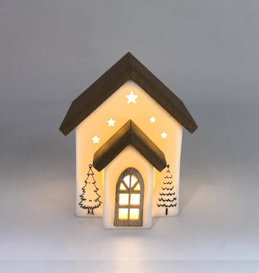 Cozy Glow Ceramic House with Wooden Accents and Starry LED Lights