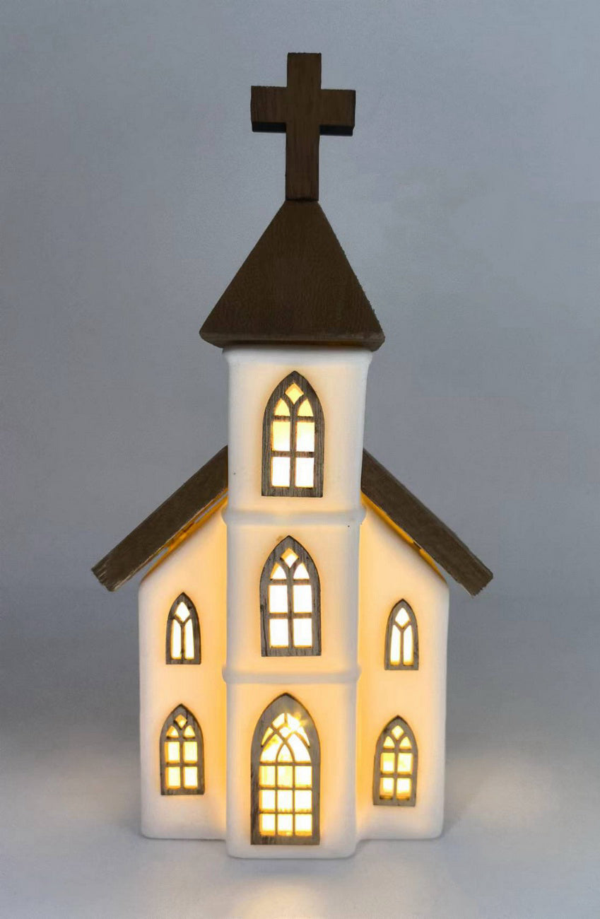 Elegant Illuminated Ceramic Chapel with Wooden Roof and Cross