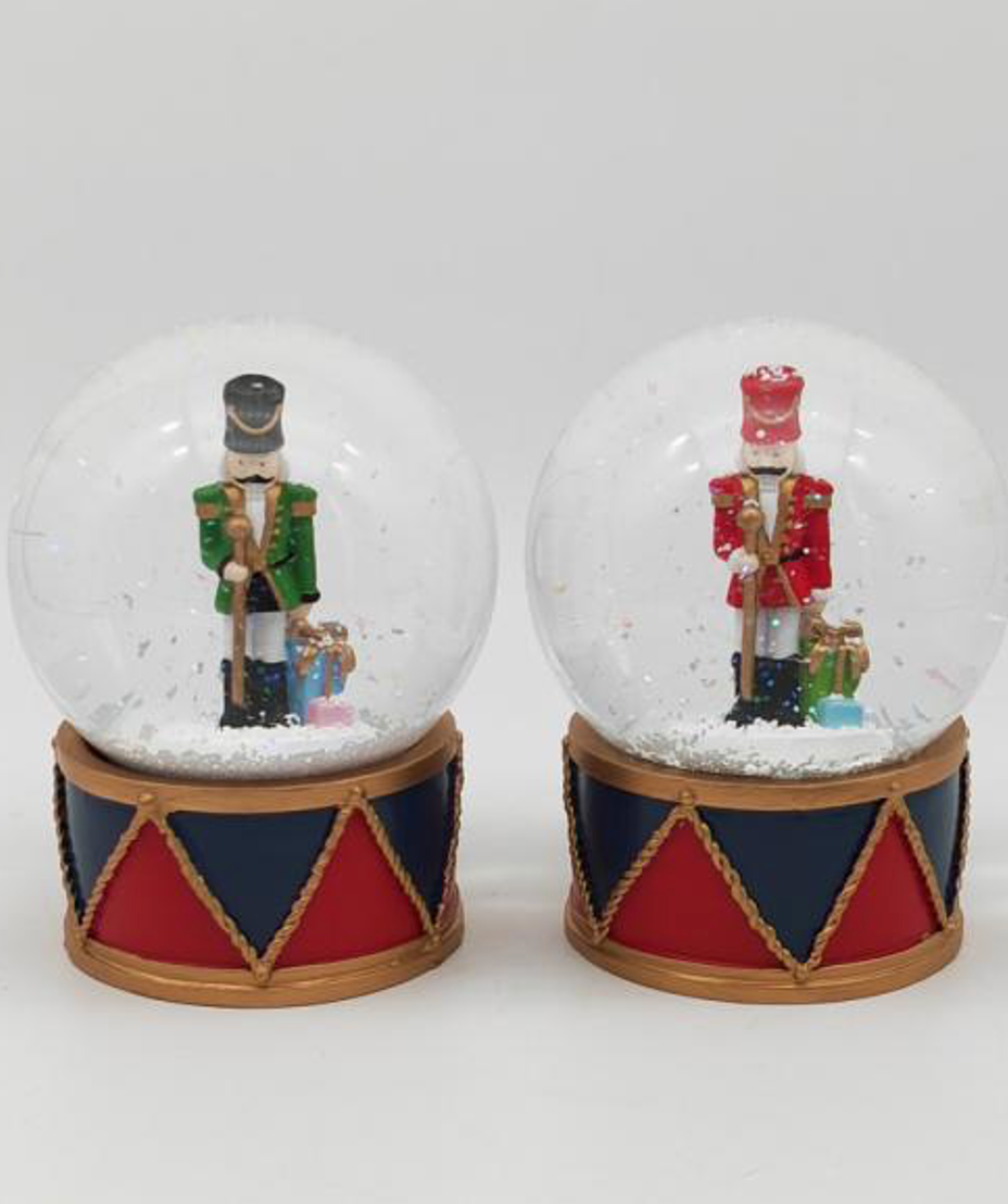Classic Nutcracker Snow Globes with Festive Drum Base