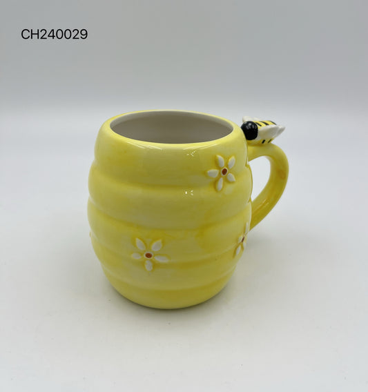 Bee-Themed Yellow Ceramic Mug with Flower Accents