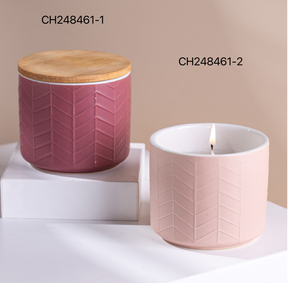 Ceramic Candle Vessel with Wooden Lid - Embossed Design