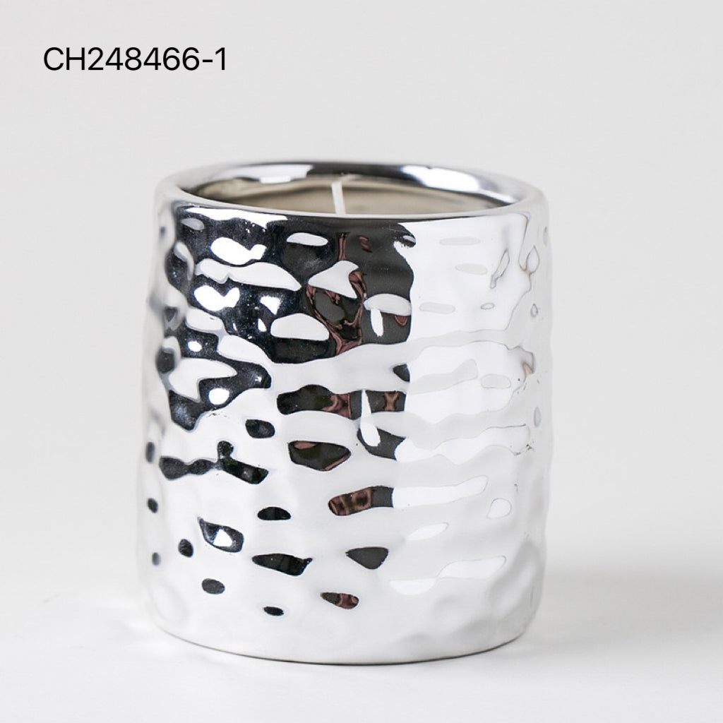 Ceramic Candle Vessel with Hammered Metallic Finish