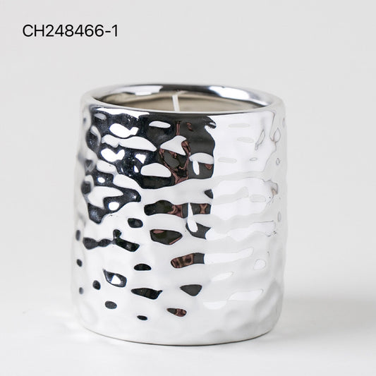Ceramic Candle Vessel with Hammered Metallic Finish