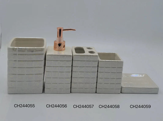 Beige Grid Pattern Ceramic Bathroom Set