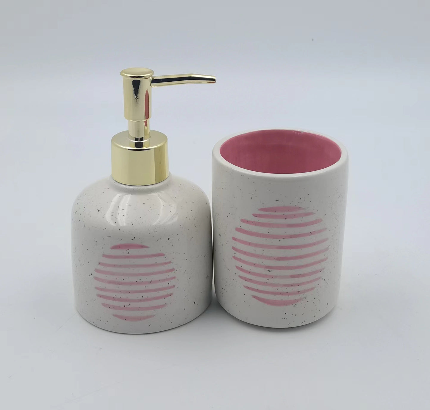 Speckled Ceramic Bathroom Soap Dispenser & Cup Set (Various Colors)