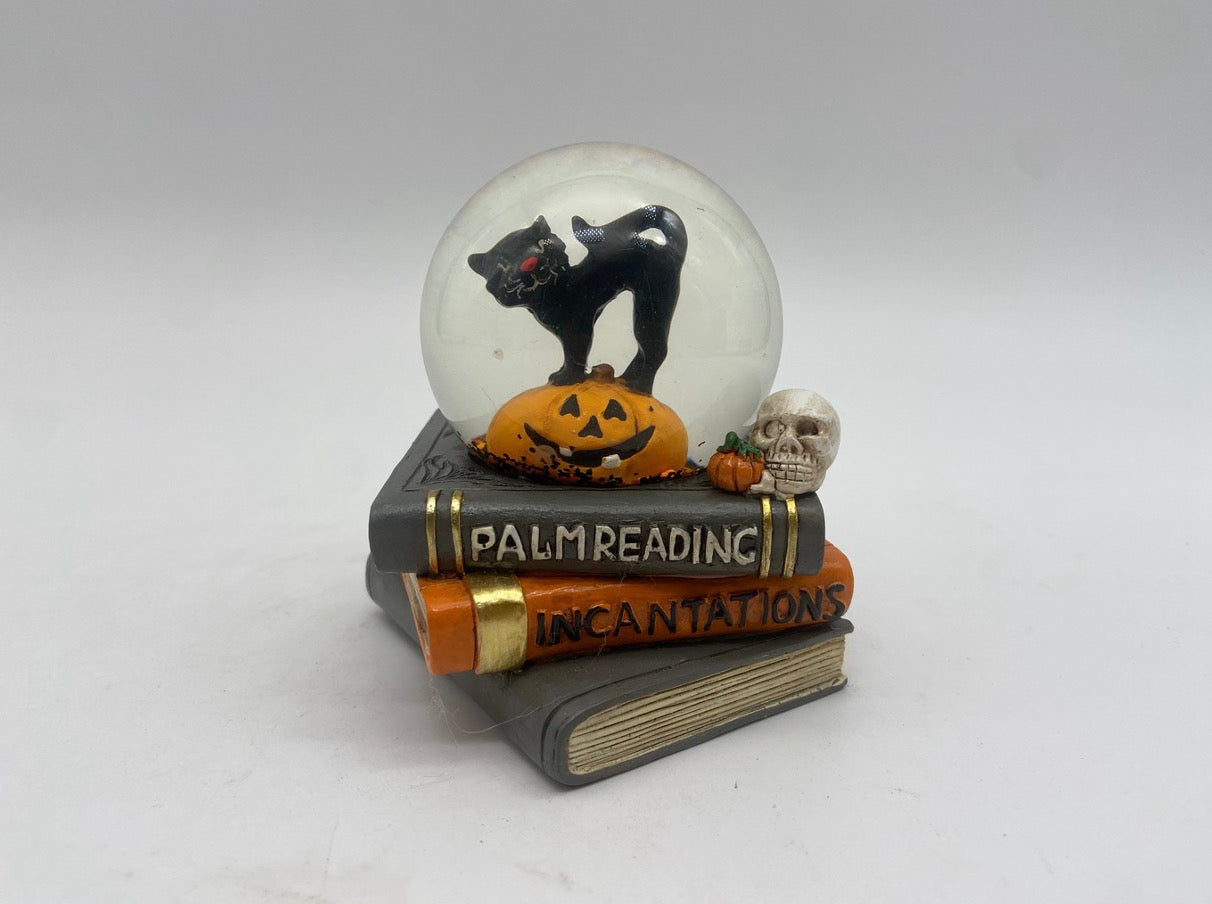 Mystical Halloween Snow Globe with Enchanted Books and Cat