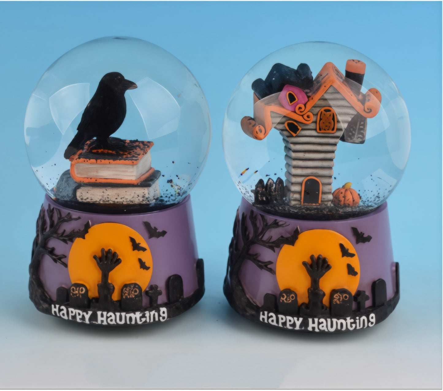 "Happy Haunting" Halloween Snow Globe Set: Raven and Haunted House