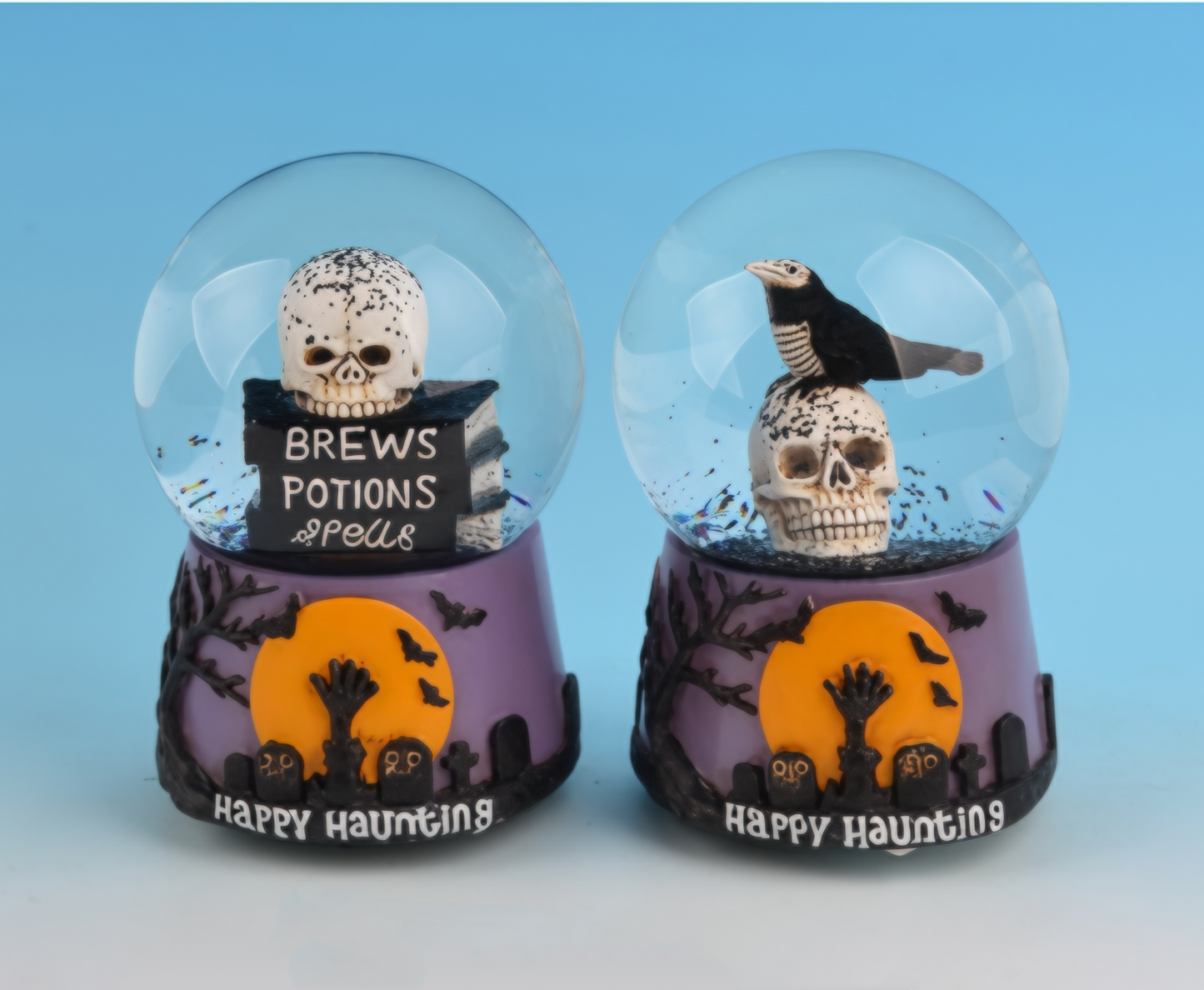 Bewitching "Happy Haunting" Snow Globe Set: Skull and Crow Duo