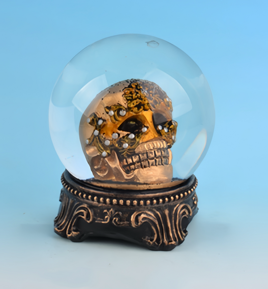 Golden Skull Snow Globe with Ornate Gothic Base