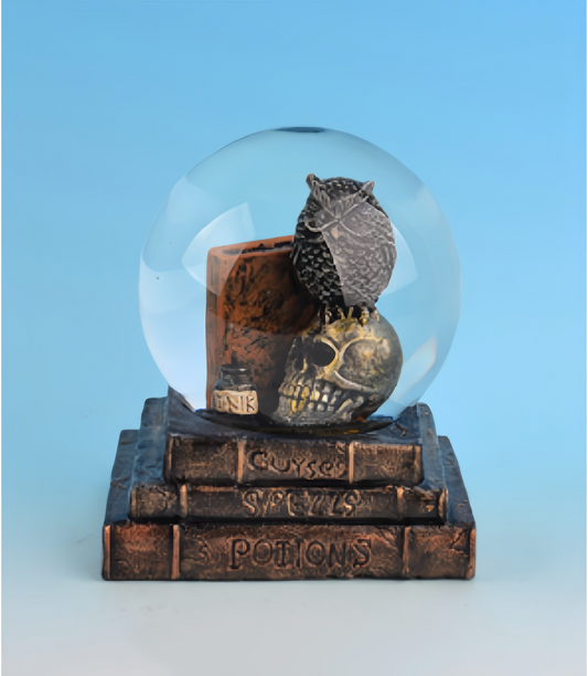 Mystical Owl and Skull Snow Globe with Stacked Spellbook Base