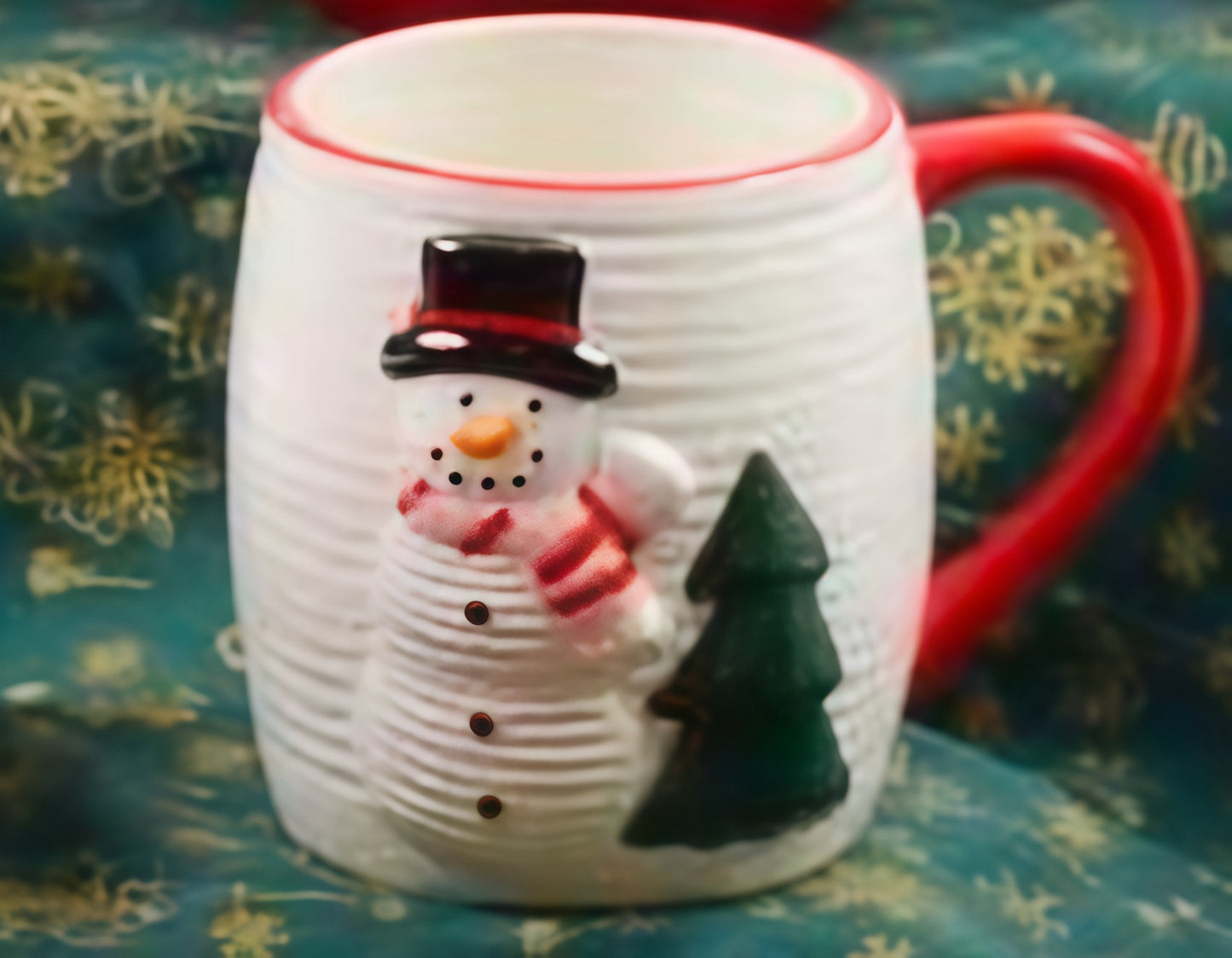 Snowman and Evergreen Holiday Mug with Textured Finish