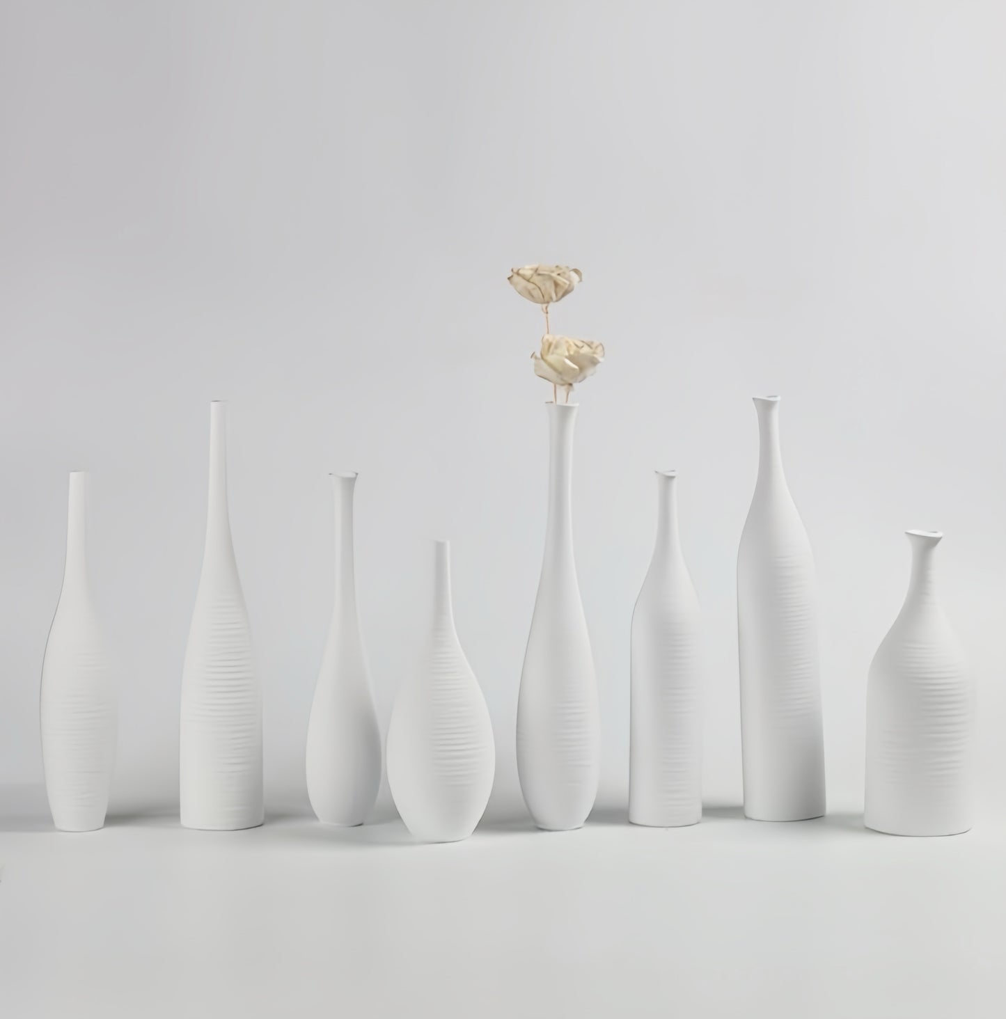 Elegant Slimline Ceramic Vase Ensemble – Textured White Design