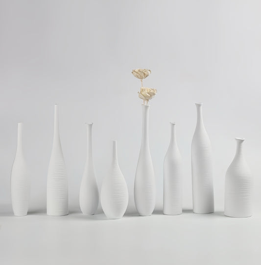 Elegant Slimline Ceramic Vase Ensemble – Textured White Design