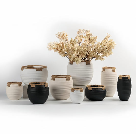 Rustic Two-Tone Ceramic Vase Set with Woven Accents