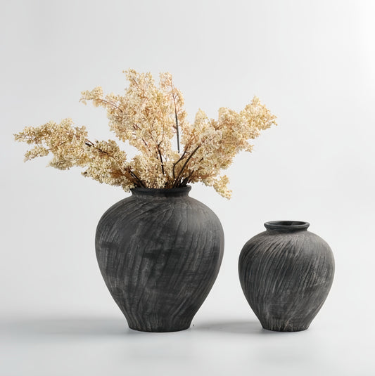 Rustic Charcoal Etched Ceramic Vase Duo