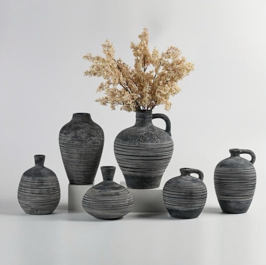 Rustic Charcoal Striped Ceramic Jug Vase Collection