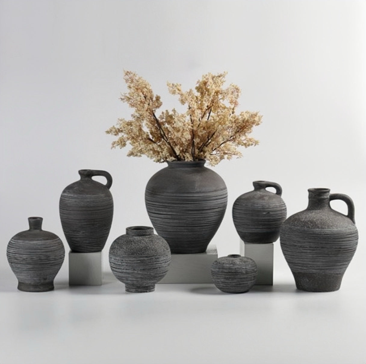 Rustic Charcoal Horizon Ceramic Vase Set