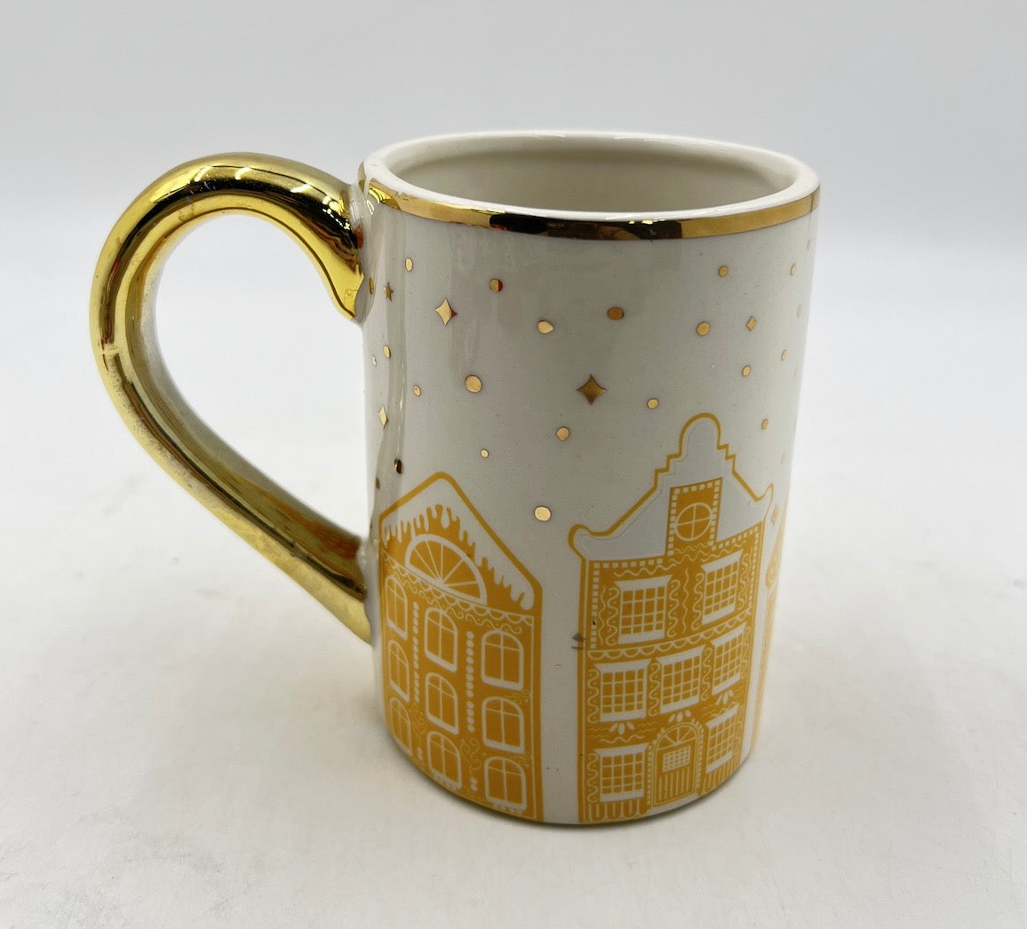 Golden Holiday Village Mug with Starry Night Accents