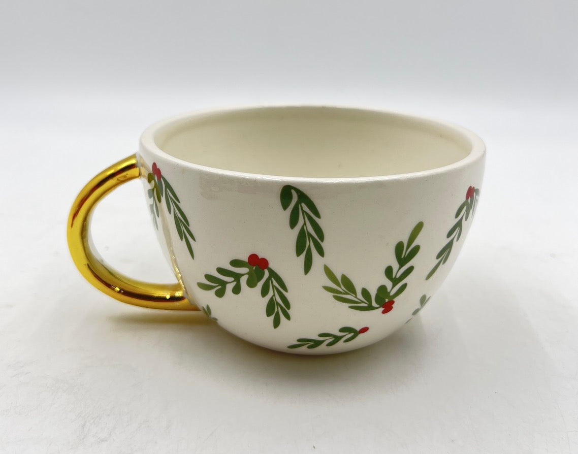 Holiday Cheer Mistletoe Bowl with Lustrous Gold Handle