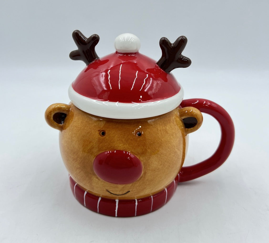 Festive Reindeer Mug with Santa Hat Lid