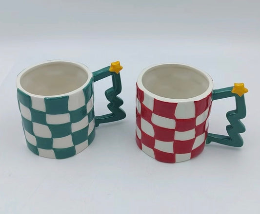 Holiday Checkered Mug Set with Festive Tree Handles