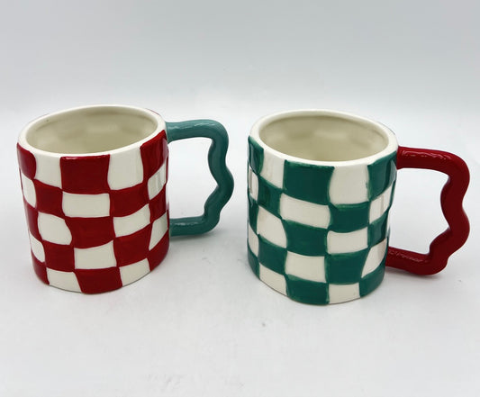 Festive Checkerboard Mug Pair with Candy Cane Handles