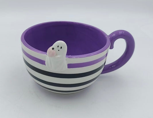 Ghostly Lilac Striped Mug with Playful Spirit