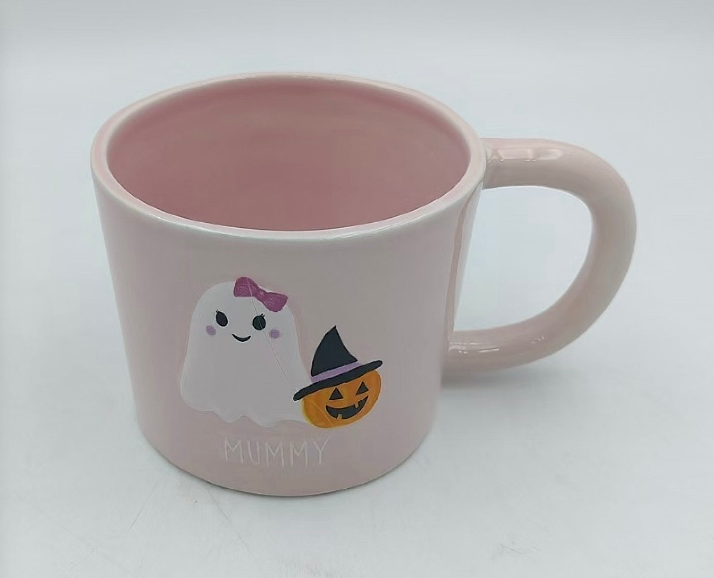 Pretty in Pink “Mummy” Halloween Mug with Ghost & Pumpkin Charm