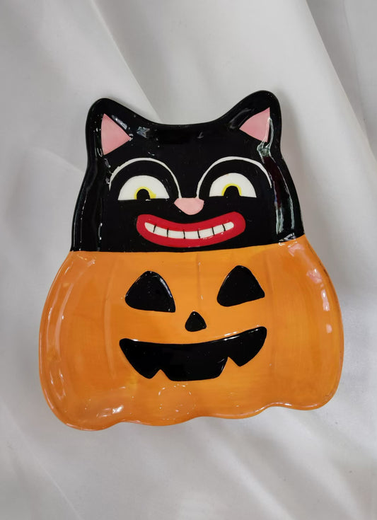 Halloween Black Cat and Pumpkin Ceramic Plate