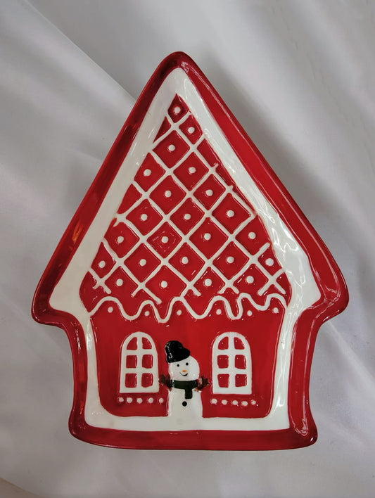 Gingerbread House Ceramic Plate with Snowman