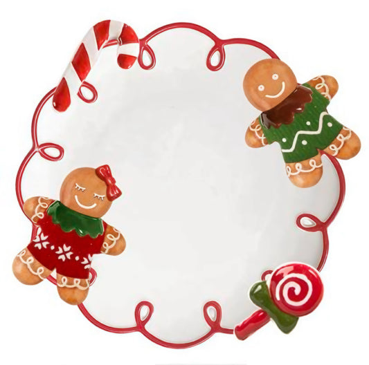 Gingerbread Friends and Candy Cane Ceramic Plate