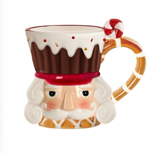 Nutcracker Mug with Festive Cupcake Hat and Candy Cane Handle