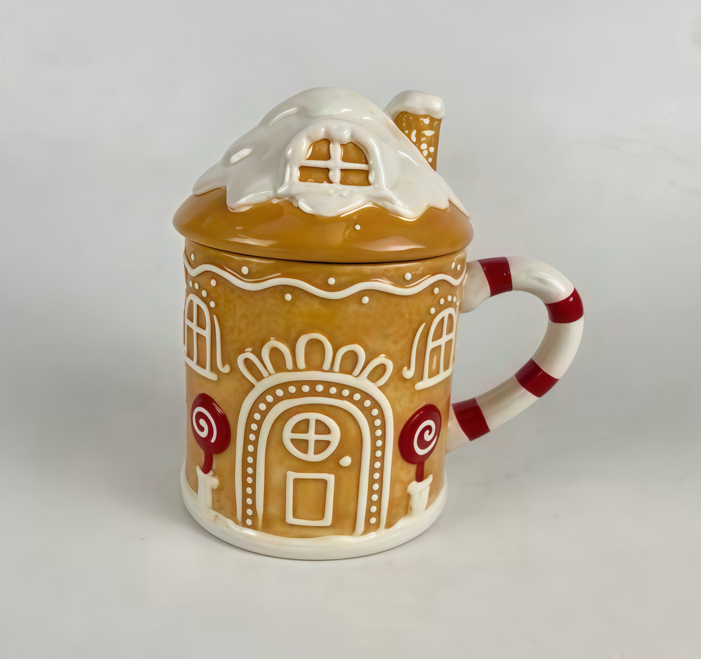 Festive Gingerbread House Mug with Candy Cane Handle