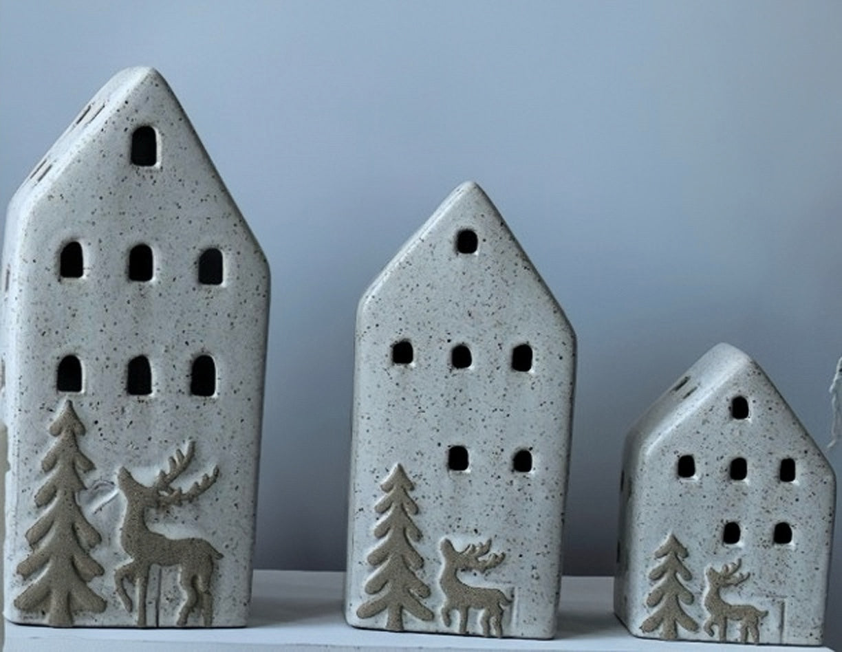 Rustic Nordic Winter Village Ceramic House Trio with Reindeer Motif