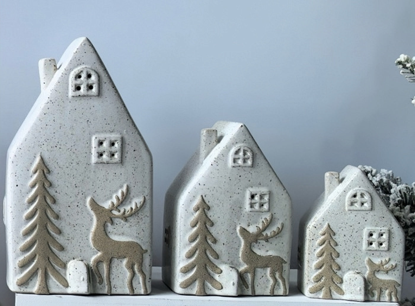 Enchanted Nordic Reindeer Ceramic House Trio with LED Glow