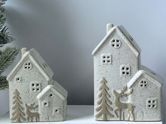 Woodland Glow Ceramic Village Houses with Reindeer and Pine Trees