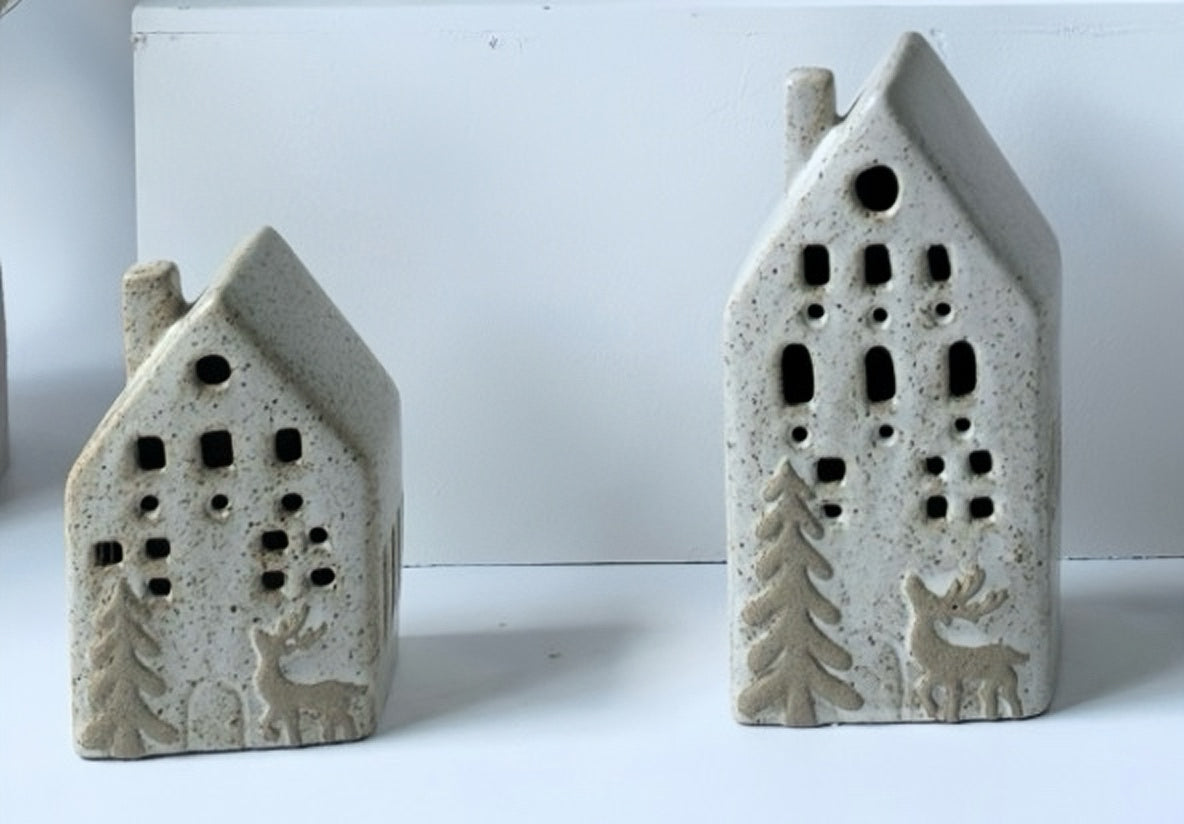 Rustic Winter Wonderland Ceramic Houses with Reindeer Accents