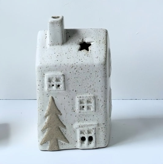 Rustic Winter Glow Ceramic House with Star Roof Cutout