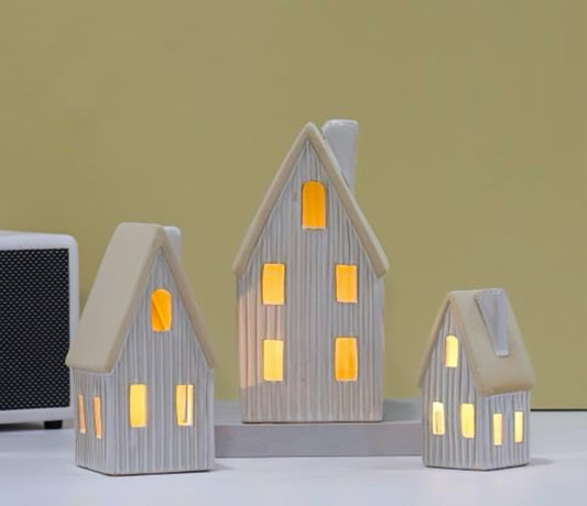 Illuminated Nordic Ceramic House Trio – Minimalist LED Village Set