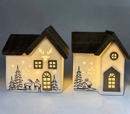 Rustic Reindeer Cottage Duo with Wooden Roof and LED Glow