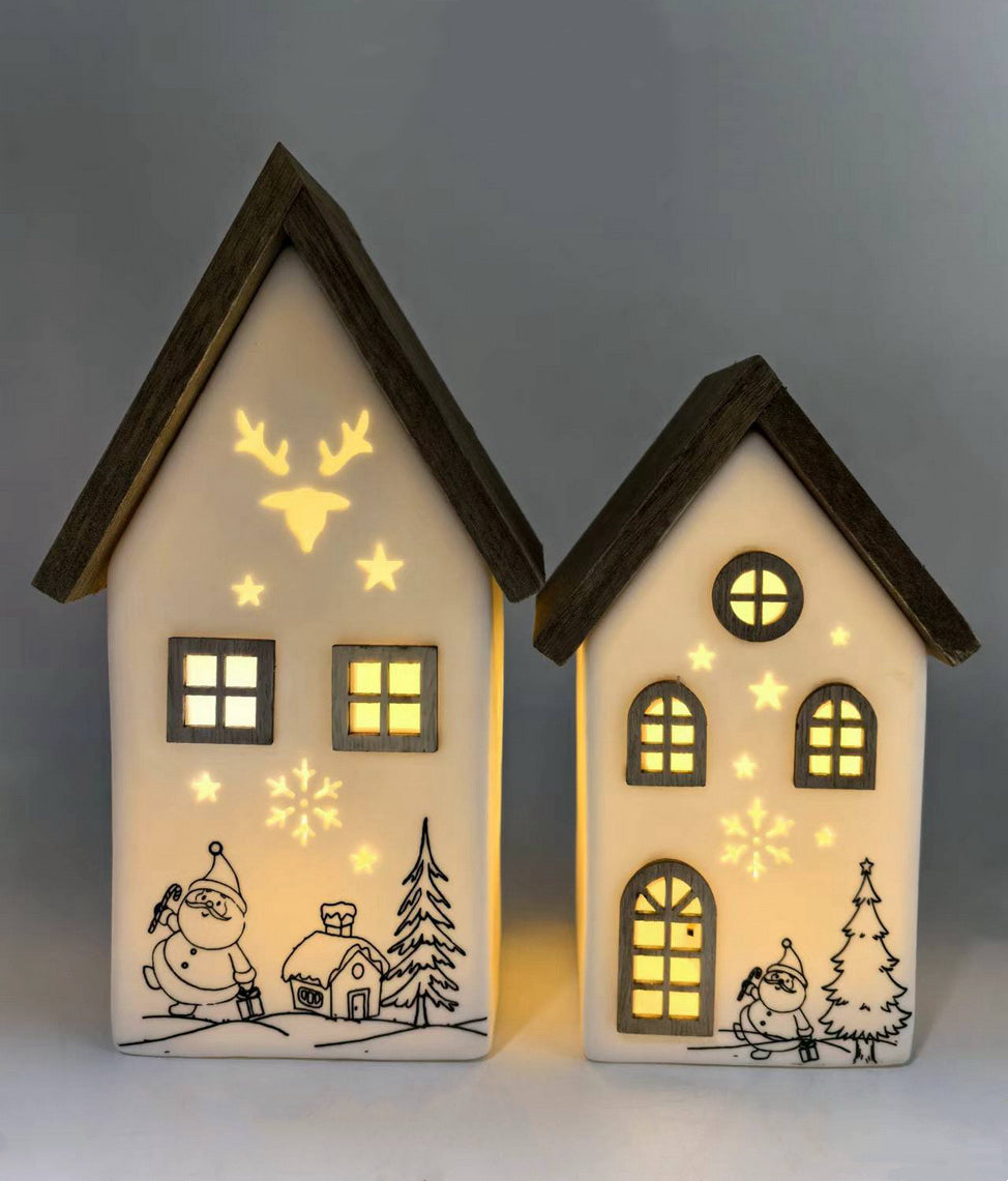 Santa’s Winter Cottage Duo with Wooden Roof and LED Glow