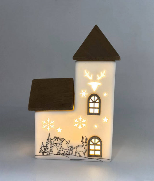 Santa’s Sleigh Glow Tower with Wooden Roof and LED Lights