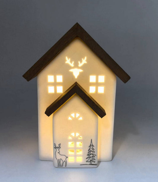 Reindeer Glow Ceramic House with Layered Wooden Roof and LED Lights