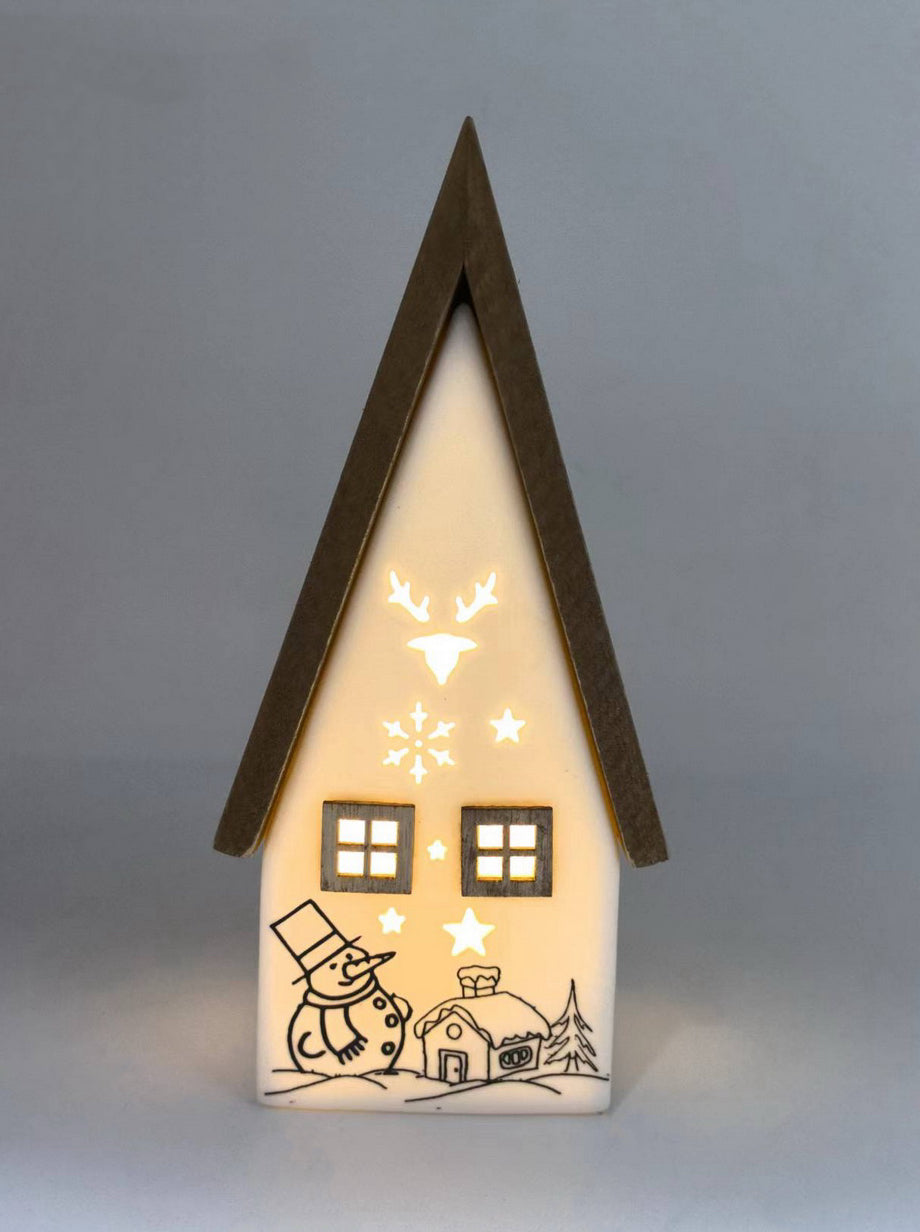 Snowy Delight Ceramic House with Wooden Roof and LED Glow