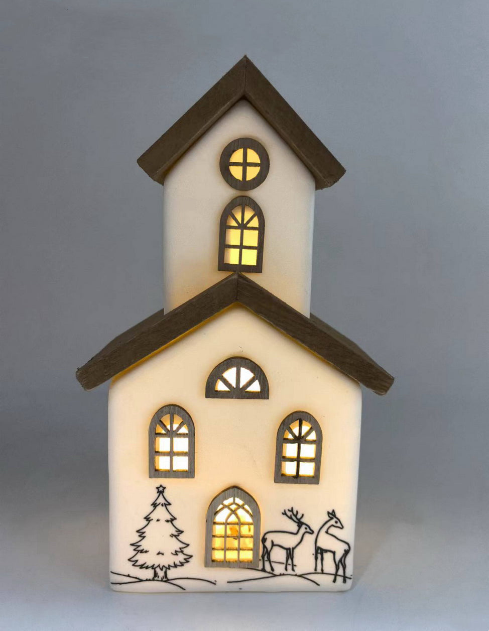 Rustic Winter Church with Reindeer Scene and LED Glow