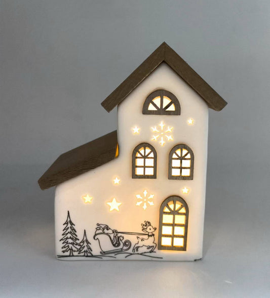 Santa’s Sleigh Ride Ceramic House with Wooden Roof and LED Glow