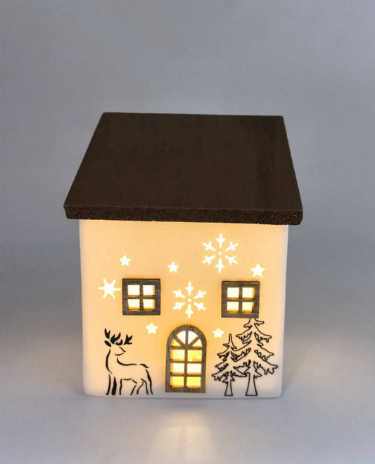 Snowfall Glow Ceramic Cottage with Wooden Roof and LED Light